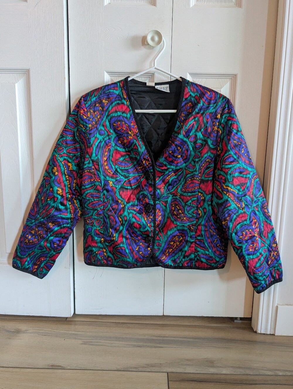 Vintage Russ Women's Multicolor Quilted Puff Jacket with Black Trim
